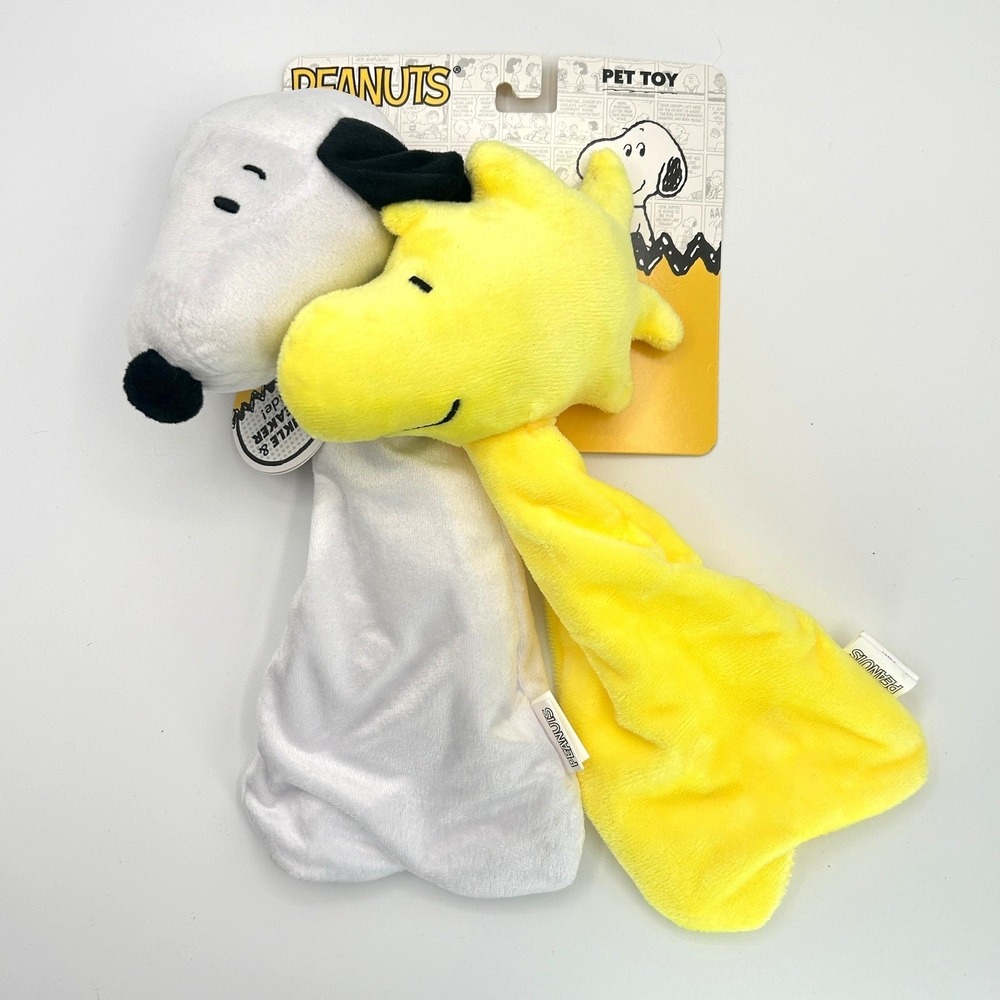 Peanuts Snoopy Woodstock Plush Dog Toy Crinkle Squeaker Flat Body Yellow White